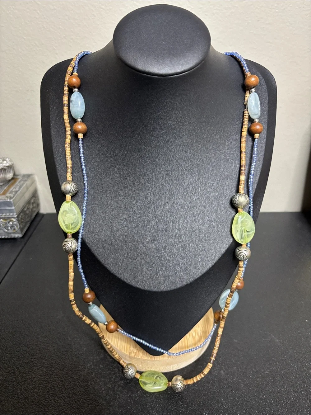 Handcrafted Boho Wood Muti Media Blue and Green Beaded Layered Necklace